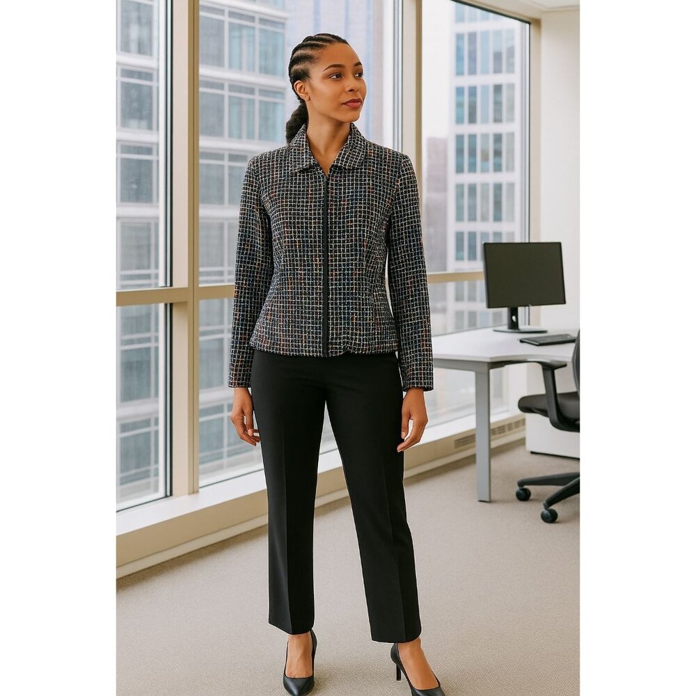 Christopher & Banks Tweed Jacket M Multi-Color Zip Front Collar Business Chic